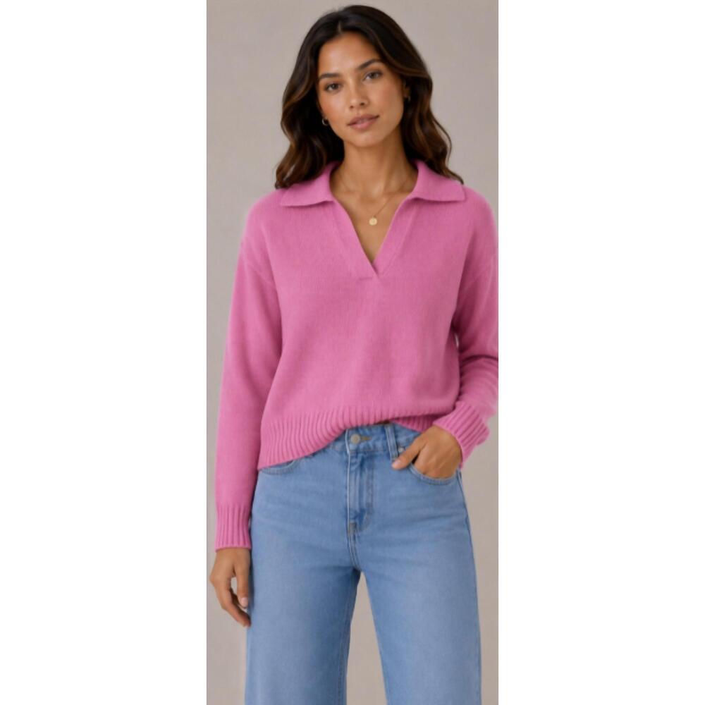 NEW PISSENLIT cotton cashmere v neck polo in rose pink